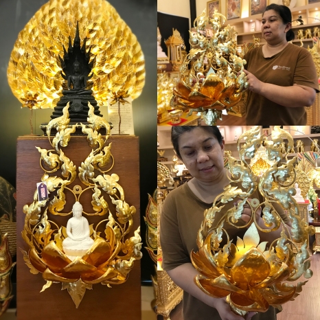 แต่งห้องพระด้วย ดอกบัวโลหะ ปิดทอง ติดผนัง มีที่วางพระพุทธรูป