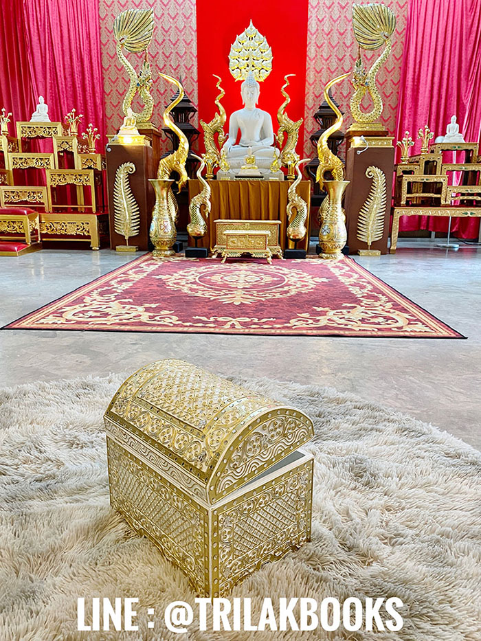 หีบสมบัติมั่งคั่งร่ำรวย สีขาวลายทอง  หีบสมบัติ สำหรับใส่สิ่งของเล็กๆน้อยๆ หรือ สามารถทำเป็นของตกแต่ง ประดับใน ห้องรับแขก หรือ ห้องพระ