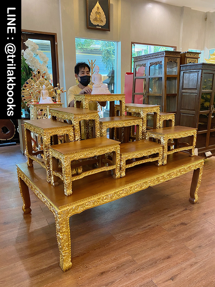 โต๊ะหมู่บูชาพระ หมู่9หน้า10 ไม้แกะสลัก ลายดอกพุดตาล ราคา 52000 บาท
