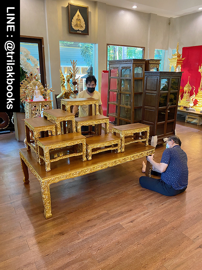 โต๊ะหมู่บูชาพระ หมู่9หน้า10 ไม้แกะสลัก ลายดอกพุดตาล ราคา 52000 บาท
