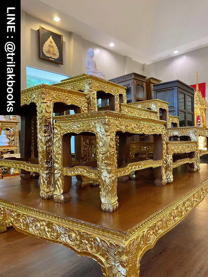 โต๊ะหมู่บูชาพระ หมู่9หน้า10 ไม้แกะสลัก ลายดอกพุดตาล ราคา 52000 บาท
