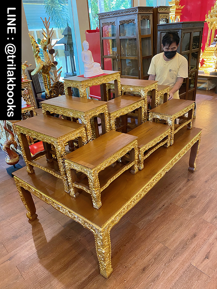 โต๊ะหมู่บูชาพระ หมู่9หน้า10 ไม้แกะสลัก ลายดอกพุดตาล ราคา 52000 บาท
