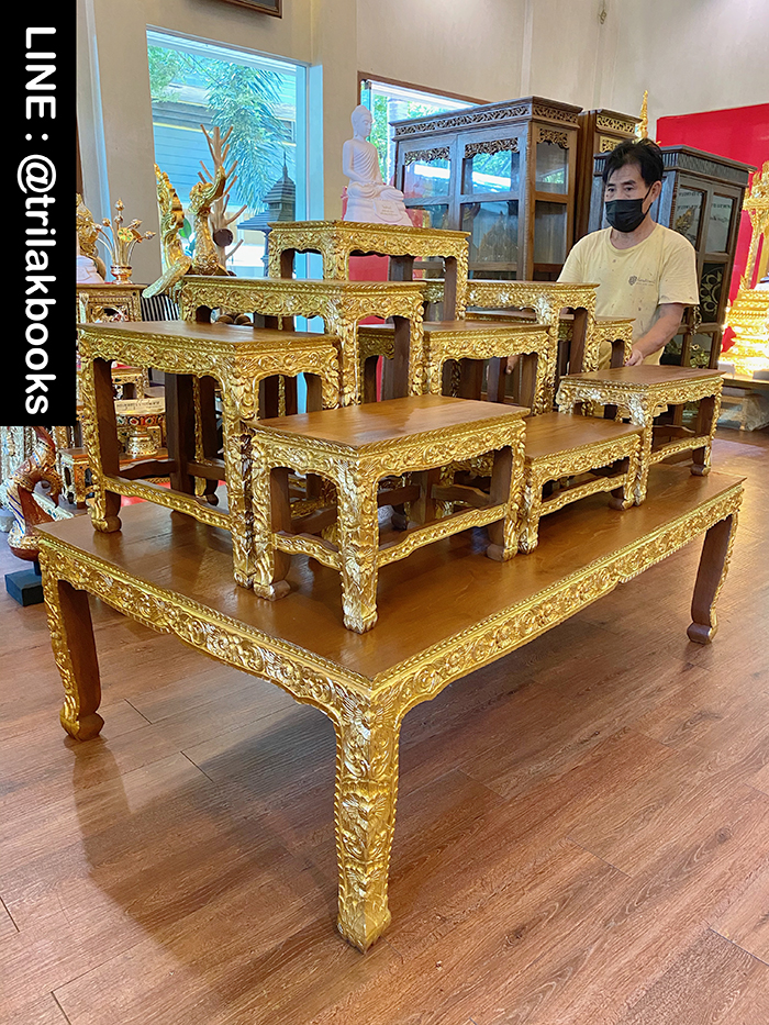 โต๊ะหมู่บูชาพระ หมู่9หน้า10 ไม้แกะสลัก ลายดอกพุดตาล ราคา 52000 บาท
