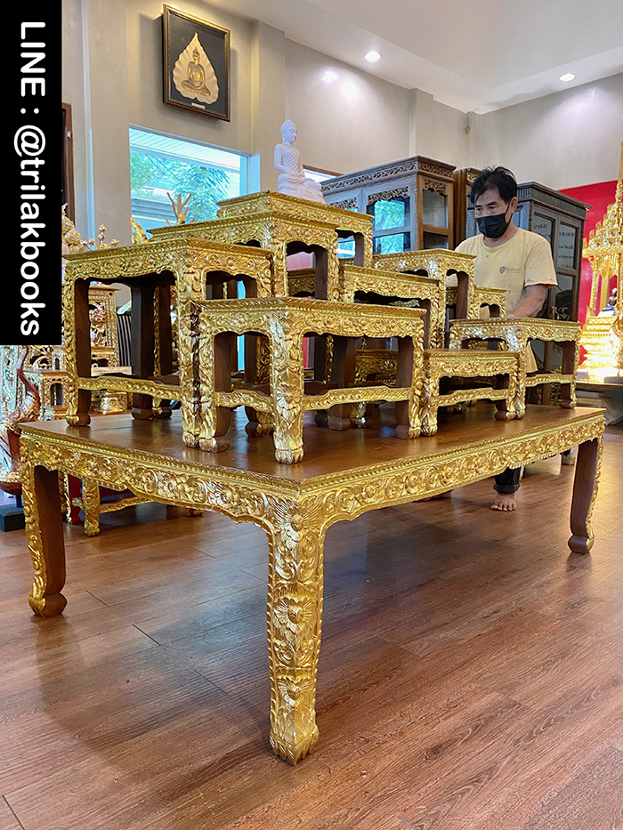 โต๊ะหมู่บูชาพระ หมู่9หน้า10 ไม้แกะสลัก ลายดอกพุดตาล ราคา 52000 บาท
