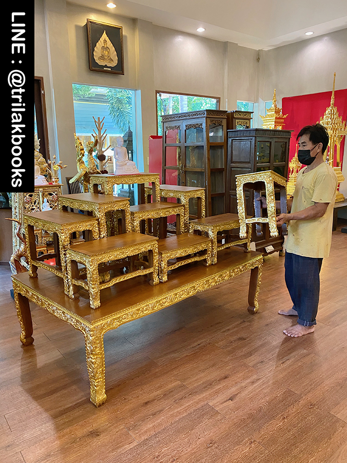 โต๊ะหมู่บูชาพระ หมู่9หน้า10 ไม้แกะสลัก ลายดอกพุดตาล ราคา 52000 บาท
