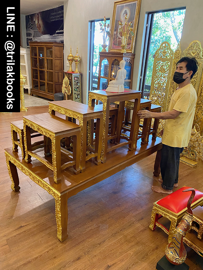 โต๊ะหมู่บูชาพระ หมู่9หน้า10 ไม้แกะสลัก ลายดอกพุดตาล ราคา 52000 บาท
