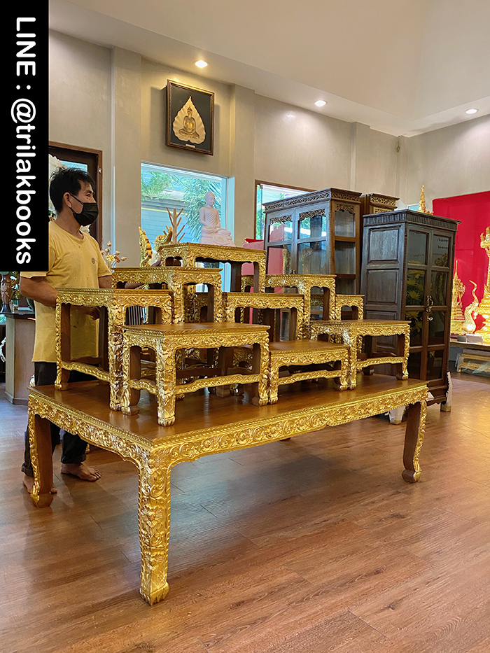 โต๊ะหมู่บูชาพระ หมู่9หน้า10 ไม้แกะสลัก ลายดอกพุดตาล ราคา 52000 บาท
