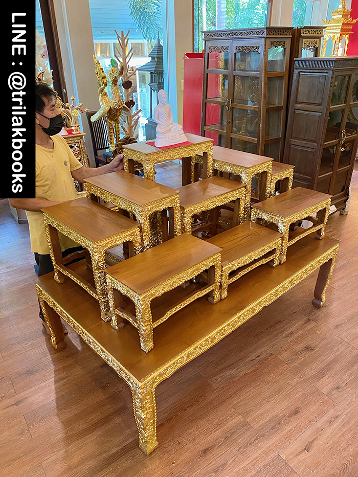 โต๊ะหมู่บูชาพระ หมู่9หน้า10 ไม้แกะสลัก ลายดอกพุดตาล ราคา 52000 บาท

