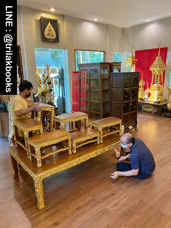 โต๊ะหมู่บูชาพระ หมู่9หน้า10 ไม้แกะสลัก ลายดอกพุดตาล ราคา 52000 บาท
