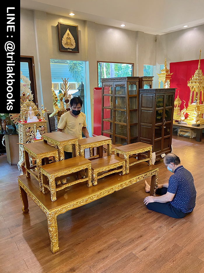 โต๊ะหมู่บูชาพระ หมู่9หน้า10 ไม้แกะสลัก ลายดอกพุดตาล ราคา 52000 บาท
